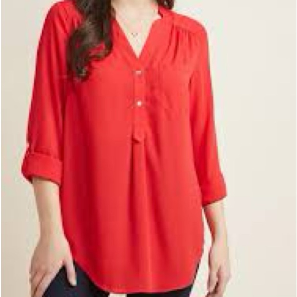ModCloth Fervor Pam Breeze-ly Tunic Top - Bright Red Long Sleeve Blouse